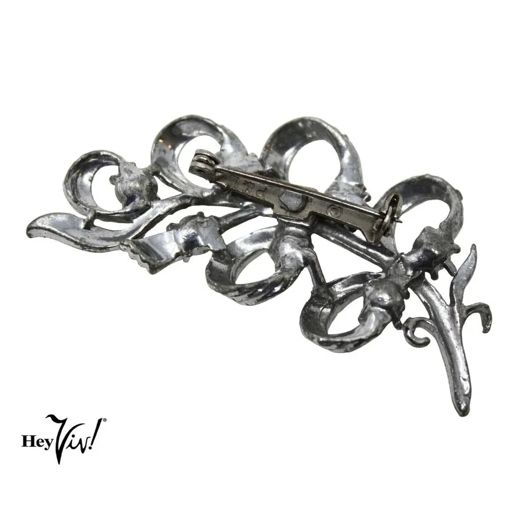Vintage P&L Curved Looped Ribbon Pin Silver Metal Rhinestones 2